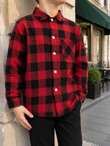 Young Boy Classic Street Style Red & Black Plaid Long Sleeve Shirt - Red and Black - View 5