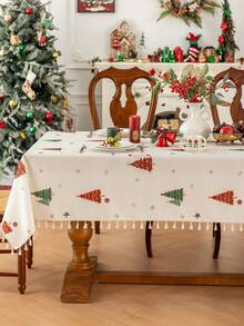 MineLain 1pc Merry Christmas Party Tablecloth, Red And Green Christmas Tree Pattern, Rectangular Dining Table Cloth, Beige Tassel Decoration, Coffee Table, Bedside Cabinet, Cupboard Cover, Tabletop Decor, Holiday Decoration, Living Room, Room Decor, Suitable For Gathering, Dinner, Holiday, Party Decoration, Christmas Gift, Christmas Decoration, Autumn/Winter Decor - Multicolor - View 6