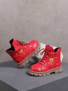 Girls Heart Embroidery Ankle Booties, Lace‑Up Side Zip Short Boots, Thick Non‑Slip Sole Kids Fashion Daily Footwear - Red - View 3