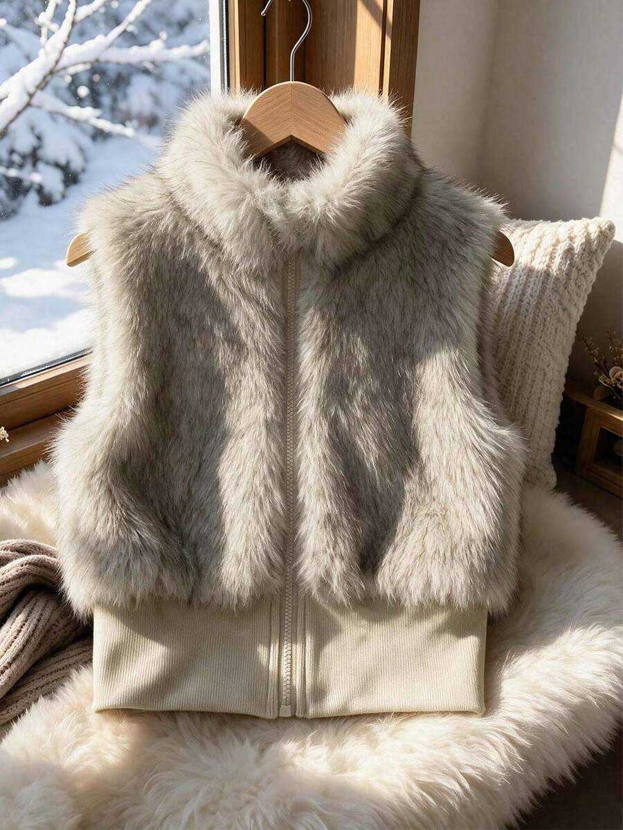 Girls' Long Plush High Neck Ribbed Hem Fashion Vest - Apricot - View 1