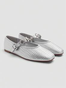 ADAMUMU New Embossed Mary Jane Flats, Geometric Metal Buckle Single Strap Adjustable, French Style Soft Sole Comfortable Versatile - Silver - View 3