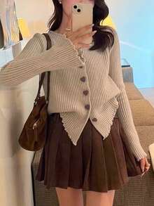 Women's Heart Button Cardigan Sweater, Autumn/Winter Loose Fit Asymmetrical Long Sleeve Knit Top, Elegant And Gentle Style - Oatmeal - View 4