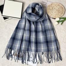 1pc Women's Autumn/Winter Shawl Scarf With Colorblock Plaid And Tassel - Blue Plaid - View 6