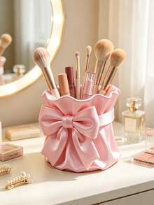 1pc Satin Bow Makeup Brush Holder, Wavy Ruffle Edge Cosmetic Tool Storage Box, Can Hold Makeup Brushes, Eyeliner, Eyebrow Pencil, Lipstick, Eyebrow Brush, Makeup Sponge And Various Small Beauty Tools, Suitable For Desktop, Vanity, Dorm Use, Girls Desktop Decoration Gift - Multicolor - View 5