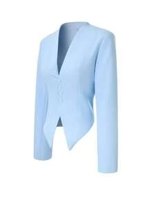 Women Collarless Deep V‑Neck Blazer Jacket, Single Breasted Fitted Sharp Pointed Hem Suit Coat - Blue - View 7