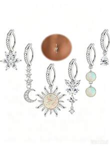 6pcs Women's Fashion Sexy Sun Moon Butterfly Flower Shaped Cubic Zirconia Belly Button Rings Navel Piercing Jewelry Set, Suitable For Daily Wear, Party And Piercing Enthusiast Styling Occasions - 6 Items - View 1