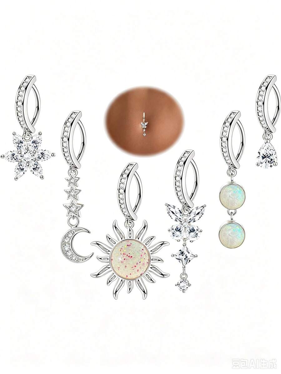 6pcs Women's Fashion Sexy Sun Moon Butterfly Flower Shaped Cubic Zirconia Belly Button Rings Navel Piercing Jewelry Set, Suitable For Daily Wear, Party And Piercing Enthusiast Styling Occasions - 6 Items - View 1