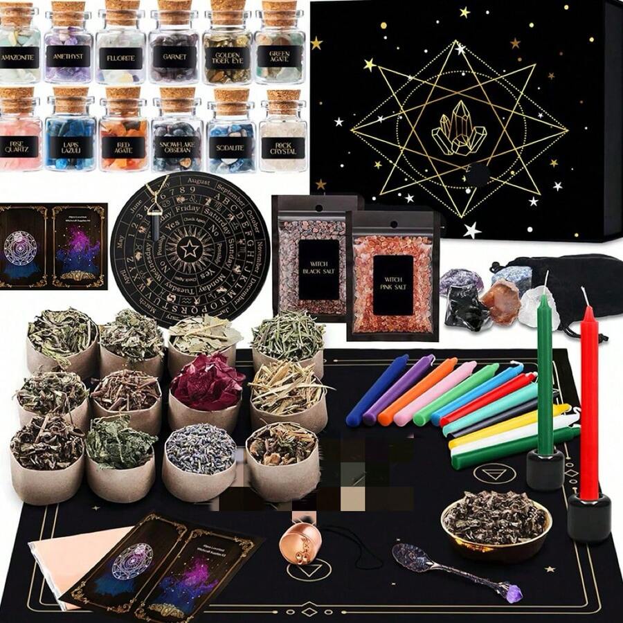 64pcs Natural Crystal Wishing Bottle Set, Witchcraft Starter Kit: Wiccan Supplies And Tools For Beginners - Witch Altar Set - 64pcs-witchcraft - View 1
