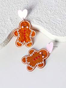 Anting Gantung Akrilik Bentuk Manusia Kue Jahe Natal dengan Motif Riak Air dan Hati Cokelat, Hadiah Elegan, Imut, Minimalis, dan Serbaguna - Coklat - View 3