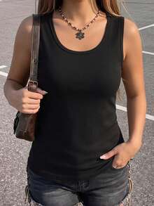 1pc Plus Size Round Neck Ribbed Commuter Tank Top Women Basic Solid Color Sleeveless Undershirt Summer Casual Black - Black - View 1