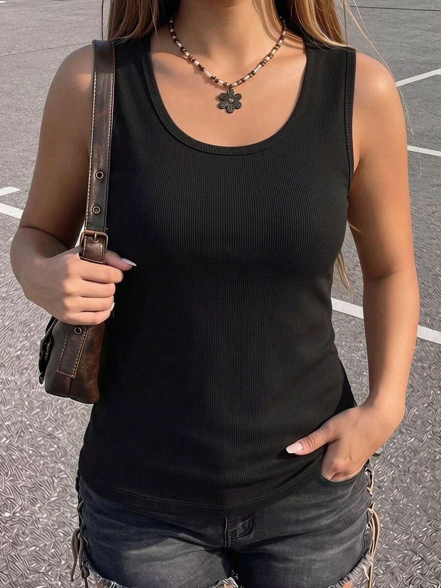 1pc Plus Size Round Neck Ribbed Commuter Tank Top Women Basic Solid Color Sleeveless Undershirt Summer Casual Black - Black - View 1