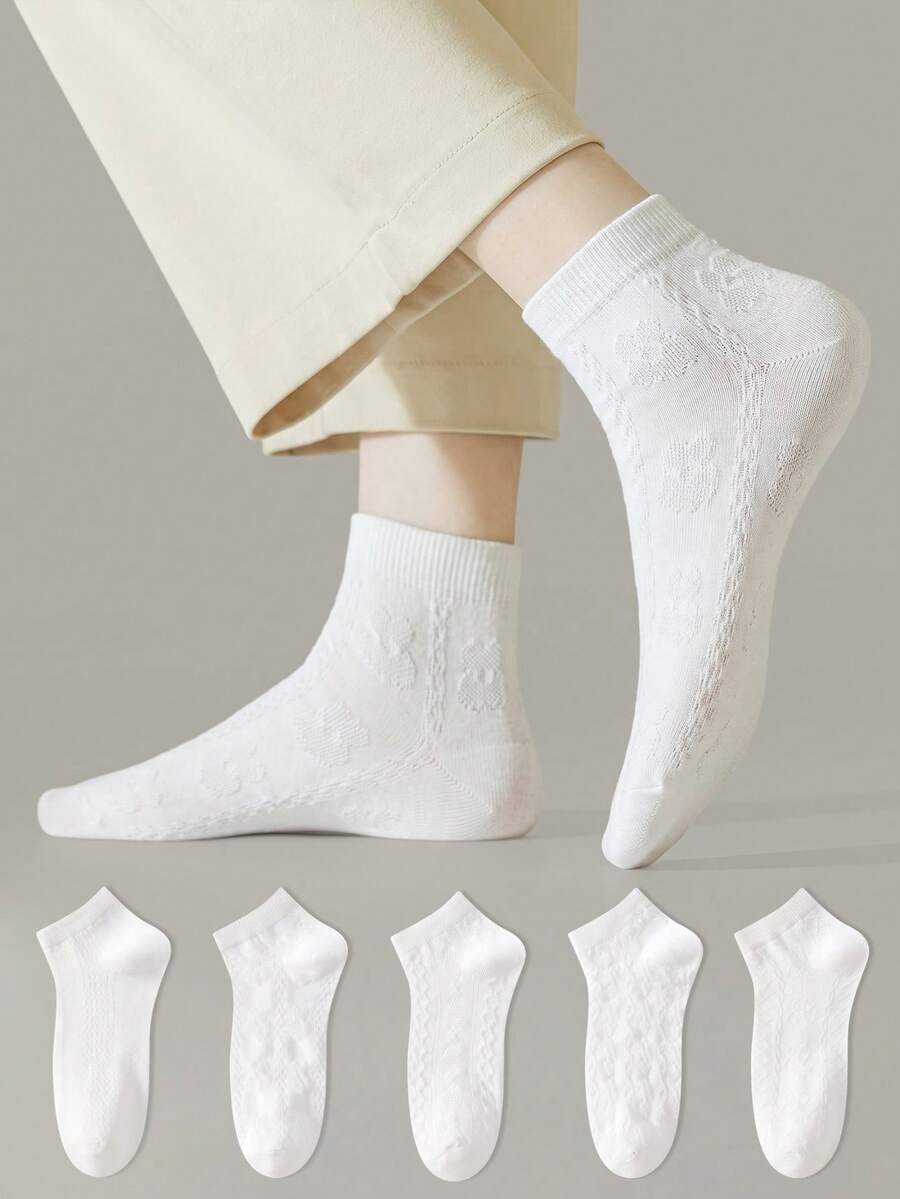 ZUJO 1 Pair/5 Pairs Women's Mesh Lace Trim Pure White Cable Knit Short Socks, Simple & Comfortable, Suitable For Spring, Autumn, Summer - White - View 1