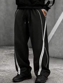 Krometka Men's High Street American Style Side Double White Stripe Print Wide Leg Sweatpants, Elastic Drawstring Waist Loose Street Casual Pants - Black - View 1
