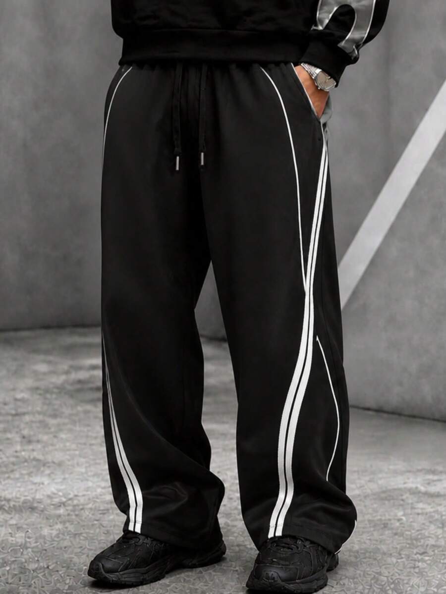 Krometka Men's High Street American Style Side Double White Stripe Print Wide Leg Sweatpants, Elastic Drawstring Waist Loose Street Casual Pants - Black - View 1