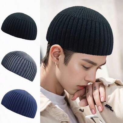 1pc Solid Color Casual Winter Core-Spun Yarn Knitted Beanie, Men's Short Knitted Hat, Doesn't Cover Ears, Outdoor Hiking Skiing Bald Hip-Hop Cap