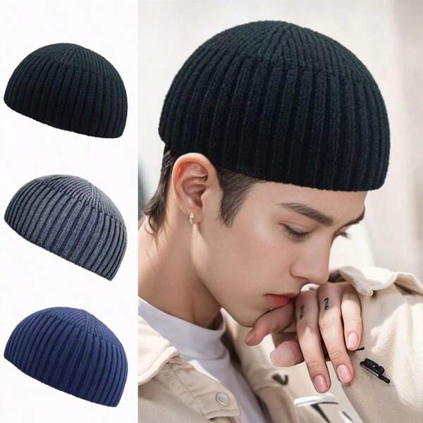 1pc Solid Color Casual Winter Core-Spun Yarn Knitted Beanie, Men's Short Knitted Hat, Doesn't Cover Ears, Outdoor Hiking Skiing Bald Hip-Hop Cap