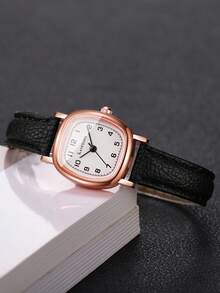 Minimalist Vintage Style Women's Wristwatch, Rose Gold Small Square Case With Brown Leather Strap, Clear Number Dial, Versatile Quartz Watch For Daily Wear, Gift For Girlfriend (1pc/Set), Watch Box Not Included - Black - View 7