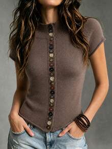 Cardigan Rajut Lengan Pendek Leher Tinggi Warna Abu-abu Musim Gugur/Dingin, Atasan Kancing Berwarna-warni Elegan untuk Bepergian - Coffee Brown - View 2
