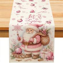 1pc Pink Santa Claus Christmas Ball Pine Branch Berry Gift Snowflake Print Rectangular Table Runner, Christmas New Year Decoration Tablecloth, Suitable For Kitchen Dining Table Home Holiday Decor, Indoor Outdoor Family Gathering Party Supplies - Pink - View 12