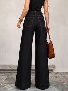 Women's Fashion Relaxed Fit Commute Dark High Waist Big Pocket Straight Leg Jeans, Loose Fit Workplace Afternoon Tea Outfit, Daily Bottoms - Black - View 2