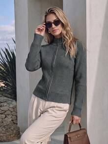 NiceArt Women's Autumn/Winter Vintage Dark Gray Wool Blend Ribbed Knit Zip-Up Cardigan, Stand Collar Raglan Long Sleeve, Autumn Outfit, Halloween - Grey - View 9