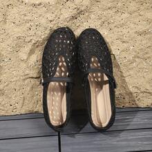 Women's Hollow Crochet Fish Scale Pattern Round Toe Buckle Strap Mary Jane Flat Shoes, Black Low-Top Loafers, Suitable For Home And Summer - Black - View 9