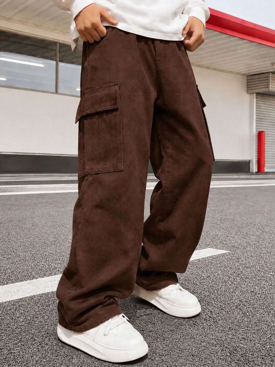 1pc Tween Boys Vintage Minimalist Cargo Pants For Workout, Outdoor, Spring & Autumn (Actual Size Runs Small, Recommend Ordering One Size Up Based On The Image) - Brown - View 1