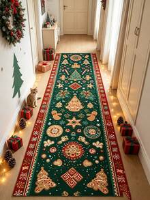 1pc Green Christmas Hallway Runner Rug, Long Strip Carpet, Area Rug, Mat, Home Decor, Living Room Area Rug, Living Room Home Decor, Room Decor, Washable Carpet - Multicolor - View 1