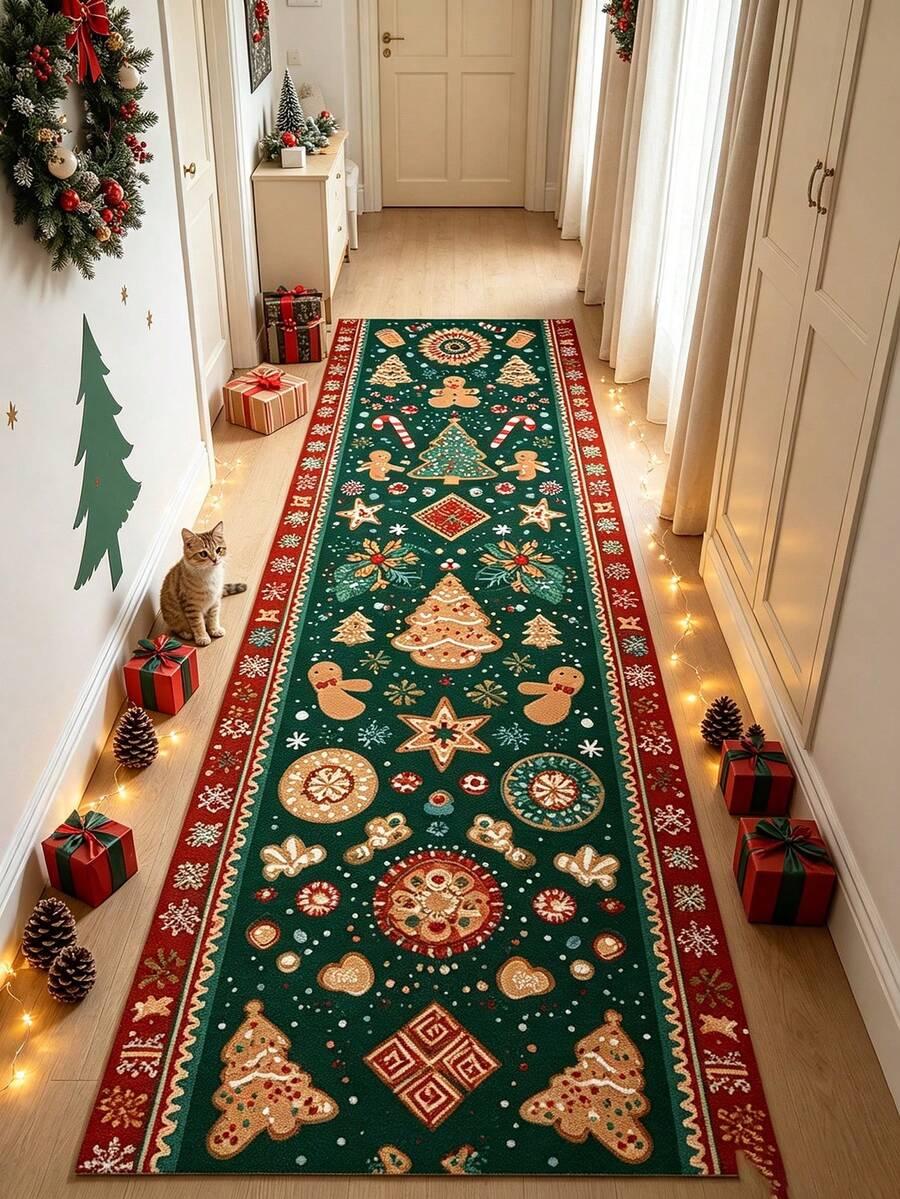 1pc Green Christmas Hallway Runner Rug, Long Strip Carpet, Area Rug, Mat, Home Decor, Living Room Area Rug, Living Room Home Decor, Room Decor, Washable Carpet - Multicolor - View 1