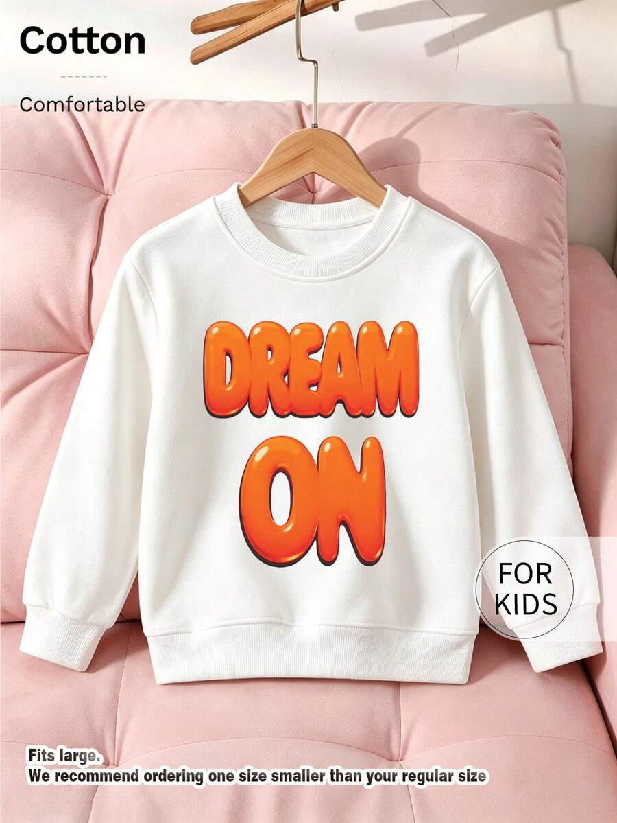 كنزة صوفية بياقة طاقم للفتيات المراهقات، طباعة رسومية بحروف فقاعية ثلاثية الأبعاد "Dream On"، مبطنة بالصوف، قطن سميك، سترة علوية للفتيات المراهقات - أبيض - مشاهدة 1