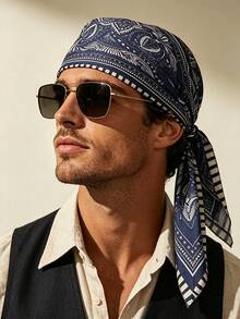 1pc Men Navy Paisley Square Bandana Soft Lightweight Multifunctional Head Neck Scarf For Daily Casual Wear - Multicolor - View 9