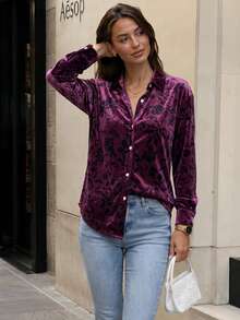 Women's Purple Velour Floral Jacquard Button Front Collared Long Sleeve Shirt For Business, Office, Commute, Vacation, Holiday, Spring Fall Winter - Dark Purple - View 3