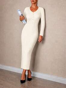 Women's Minimalist Fitted Metal Front Button Design Solid Color Sweater Dress; Autumn/Winter Elegant - White - View 2