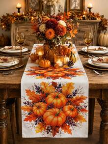 Thanksgiving Home Decor Table Runner, Throw Pillow, Placemat, Autumn Tablecloth, Orange Pumpkin Maple Leaf Berry Pattern, Rustic Country Harvest Tablecloth, Kitchen Dining Table Decor, Indoor Outdoor Home Decoration - Multicolor - View 2