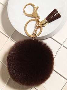 Fluffy Faux Fur Pom‑Pom Keychain, Tassel Decor Metal Lobster Clasp Key Ring, Soft Plush Ball Bag Charm Pendant For Handbag Backpack Car Keys - Coffee Brown - View 7