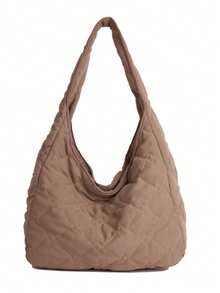 Tas Bahu Wanita, Tas Kasual Lembut dengan Bordir, Tas Bantal, Tas Fashion Portabel Kapasitas Besar - Khaki - View 8
