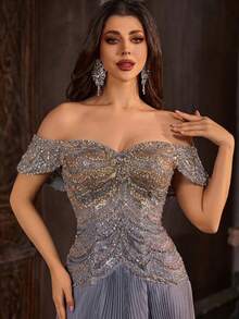 Premium Smoke Gray Heavy Embellished Evening Gown, Off-Shoulder Rhinestone Embroidered Top, Fluid Pleated Full Skirt, Elegant Gala Hostess Evening Dress - Dusty Blue - View 2