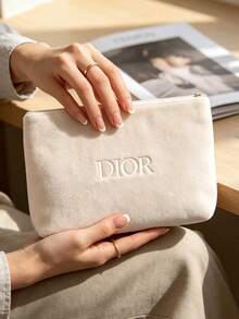 Portable Soft Off‑White Towel‑Fabric Travel Makeup Pouch Embroidered Brand Lettering Toiletry Storage Cosmetic Case For Personal Use Or As A Gift - DIOR Cosmetic Bag - White - View 8
