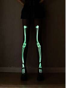 Halloween Multiple Styles Glow-In-The-Dark Polka Dot Skeleton Leggings, Glow-In-The-Dark Black Tights, Halloween Party Cosplay Full Leg Stockings - Black - View 3