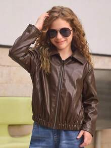 Tween Girl Spring/Autumn New Fashion Solid Color Zipper Lapel Long Sleeve Brown PU Leather Jacket Short Top - Brown - View 3