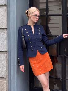 FGGG Women's Spring/Autumn Navy Blue Loose Elegant Long Sleeve Round Neck Button-Up Knit Cardigan - Navy Blue - View 2
