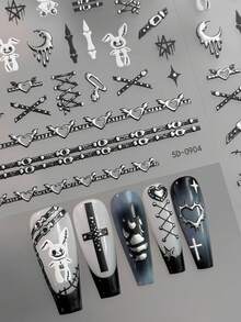 2Pcs 5D‑Embossed Gothic‑Bunny Nail‑Stickers,Punk Y2K Cross Strap Heart Moon Star Self‑Adhesive Nail Decals, Dark Cool Rabbit Nail Art Decorations For DIY Manicure Salon Home - Multicolor - View 9