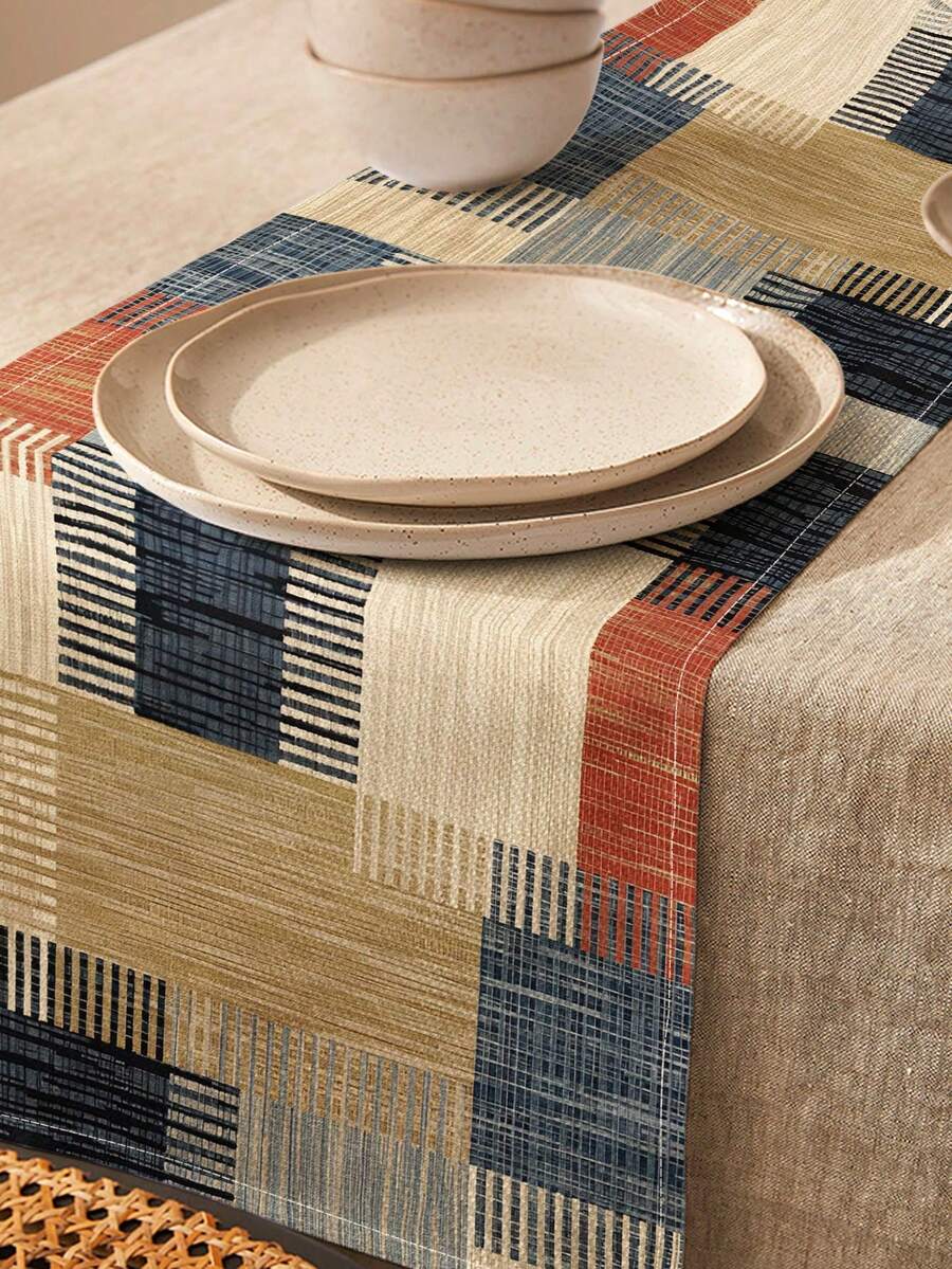 1pc Geometric Pattern Printed Table Runner, 4pcs Geometric Pattern Printed Placemats, Suitable For Holidays, Parties, Birthdays, Dinner, Kitchen Dining Table Decoration, All Season Room Decor, Home Textile Decoration Table Runner - Multicolor - View 1