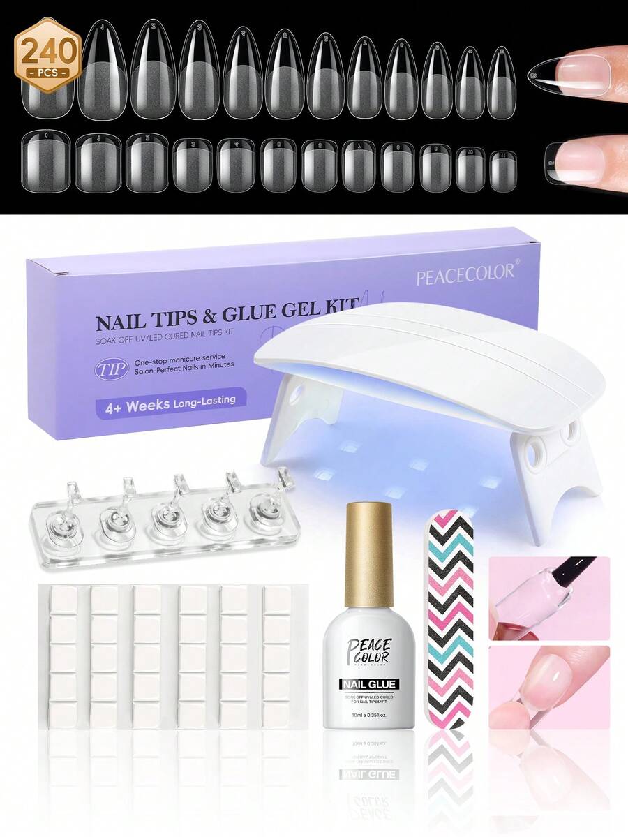 peacecolor Nail Glue Gel Kit 240Pcs Gel Nail Tips With Foldable UV LED Nail Lamp DIY Press-On Nails Manicure Set For Home & Salon Use - Multicolor - View 1