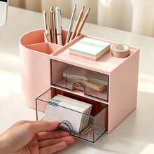 1pc Cosmetic Storage Box, Desk Organizer With 2 Drawers, Desktop Pen And Card Holder, Suitable For Desk, Office Supplies, Office, Home, School - Multicolor - View 3
