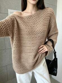 Women's Knitted Sweater Autumn/Winter Sweet Gentle Asymmetrical Shoulder Design Unique Niche Chic Slouchy Exposed Shoulder Top - Khaki - View 2