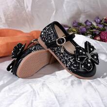 1 Pair 2026 New Girls' Mary Jane Princess Shoes, Bow Sequin Pearl Rhinestone Decor Glitter PU Material Round Toe Single Strap Flat Heel Sweet Princess Style Leather Shoes For Party Birthday Performance - Black - View 4
