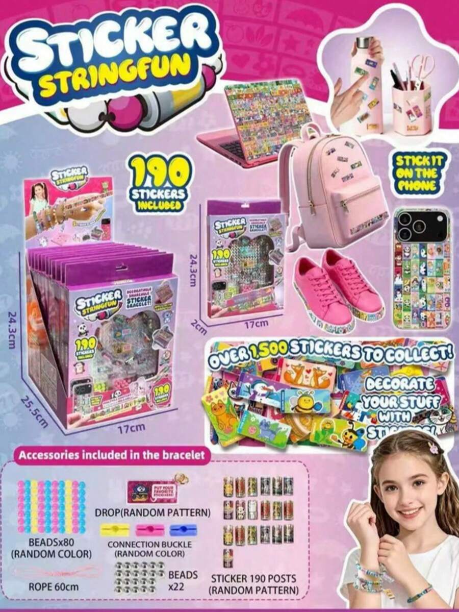 190pcs Exquisite Stickers Bracelet Decals Christmas Birthday Graduation Gift Children's Beaded Educational Toy Suitable For Girls Birthday Gift - Multicolor - View 1