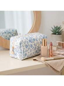 Quilted Floral Makeup Bag, Large Capacity Portable Travel Zipper Cosmetic Storage Bag, Soft Toiletry Organizer - Multicolor - View 3