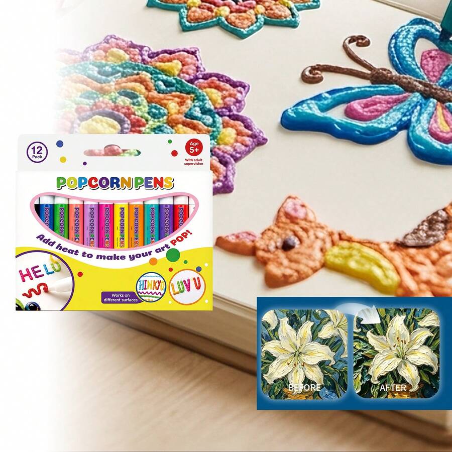 2026 Back To School Popcorn Pen, Colorful DIY Art Toy, 12-Color 3D Drawing Markers, Suitable For Children's Craft Activities - Multicolor - View 1